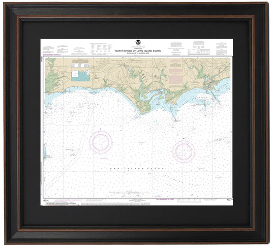 Framed Nautical Chart 12374 - North Shore of Long Island Sound. Duck Island to Madison Reef. NOAA 12374. Handmade in the USA.