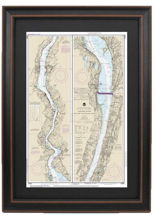 Framed Nautical Chart 12343 - Hudson River, NY to Wappinger Creek, NJ. NOAA 12343.