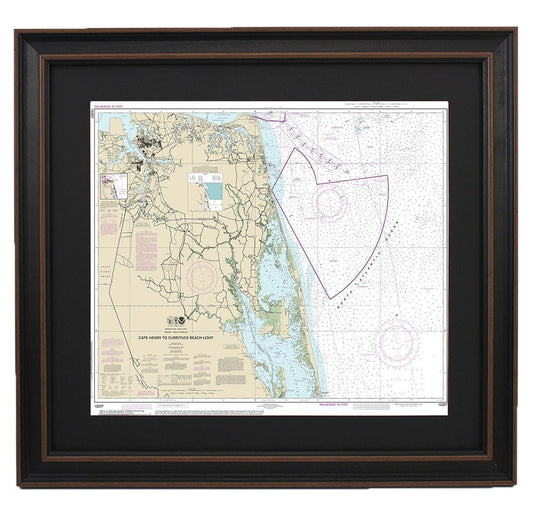 Framed Nautical Chart 12207 - Cape Henry to Currituck Beach Light. NOAA 12207. Handmade in the USA.