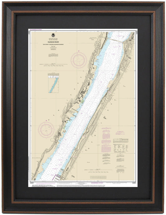Framed Nautical Chart 12341 - Hudson River. Days Point to George Washington Bridge. NOAA 12341. Handmade in the USA.