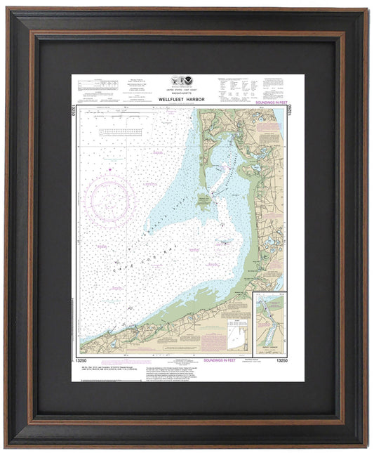 Framed Nautical Chart 13250 - Wellfleet Harbor, MA. NOAA 13250. Handmade in the USA.