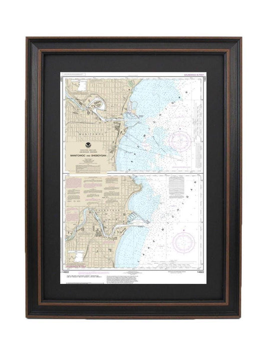Framed Nautical Chart 14922 - Manitowoc and Sheboygan, Lake Michigan, Wisconsin. NOAA 14922. Handmade in the USA.