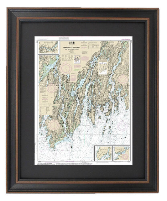 Framed Nautical Chart 13293 - Damariscotta, Sheepscot and Kennebec Rivers. NOAA 13293. Handmade in the USA.
