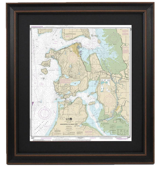 Framed Nautical Chart 18427 - Anacortes to Skagit Bay. NOAA 18427. Handmade in the USA.