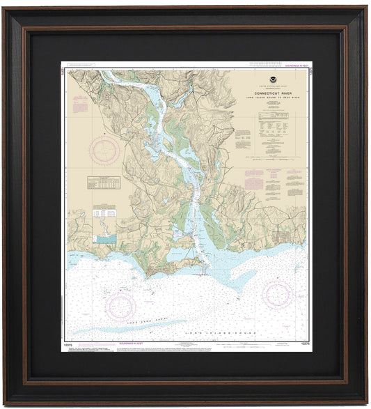 Framed Nautical Chart 12375 - Connecticut River. Long Island Sound to Deep River. NOAA 12375. Handmade in the USA.