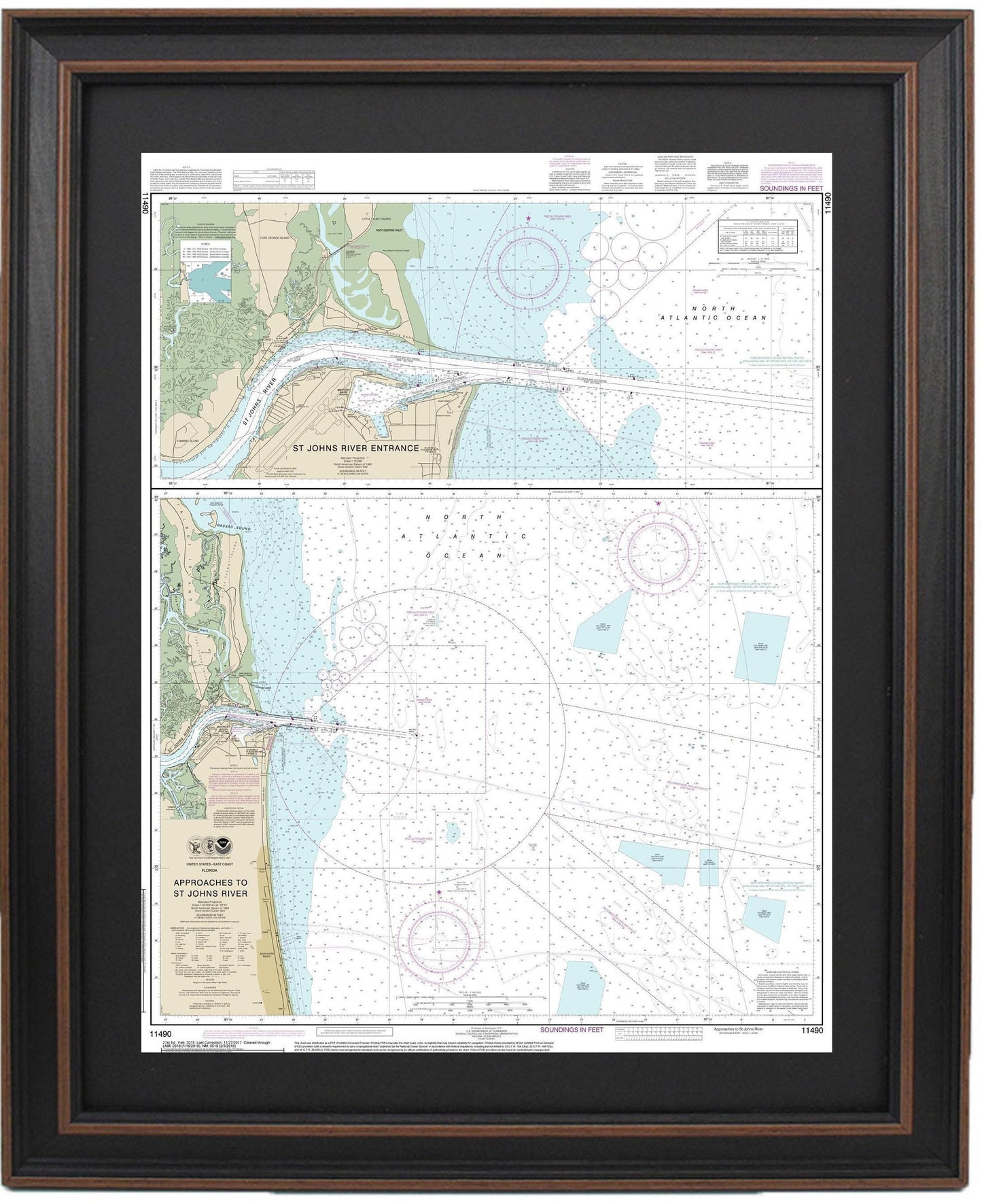 Framed Nautical Chart 11490 - Approaches to St. Johns River and St. Johns River Entrance. NOAAt 11490. Handmade in the USA.