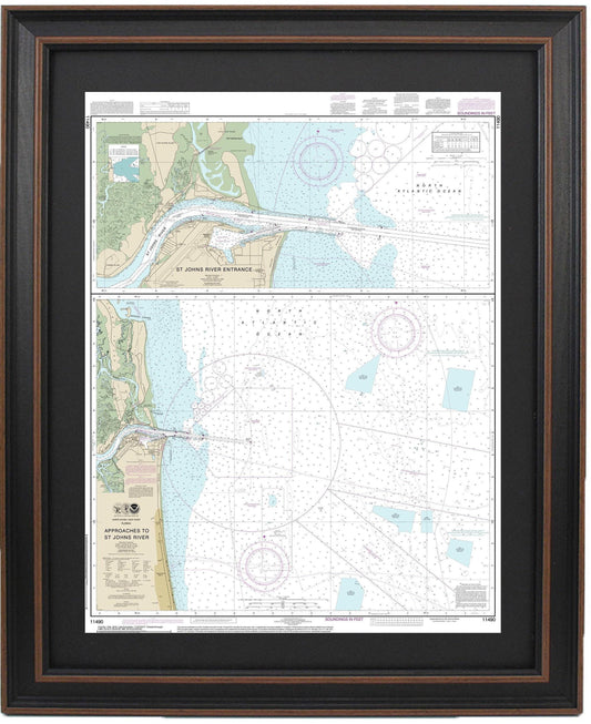 Framed Nautical Chart 11490 - Approaches to St. Johns River and St. Johns River Entrance. NOAAt 11490. Handmade in the USA.
