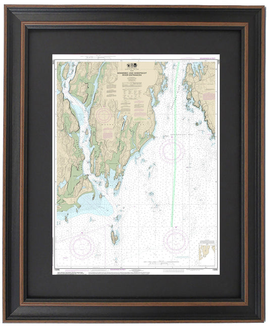 Framed Nautical Chart 13295 - Kennebec and Sheepscot River Entrances. NOAA 13295. Handmade in the USA.