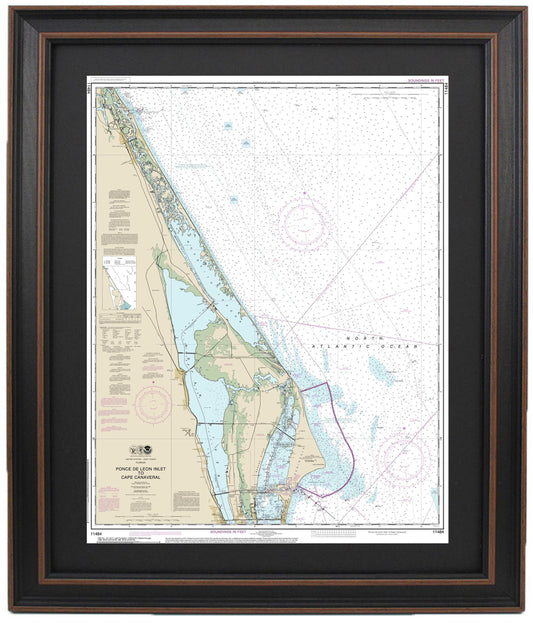 Framed Nautical Chart 11484 - Ponce de Leon Inlet to Cape Canaveral. NOAA 11484. Handmade in the USA.