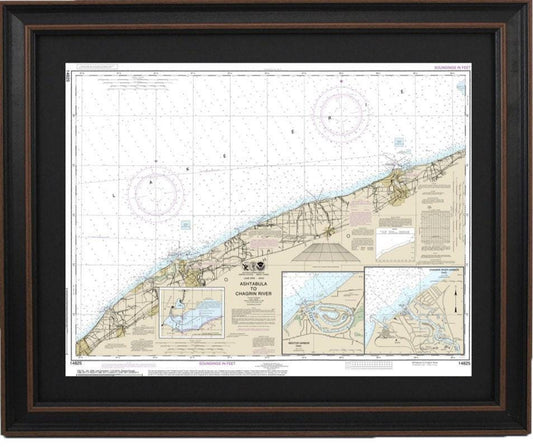 Framed Nautical Chart 14825 - Ashtabula to Chargin River. Mentor Harbor, Lake Erie, Ohio. NOAA 14825. Handmade in the USA.