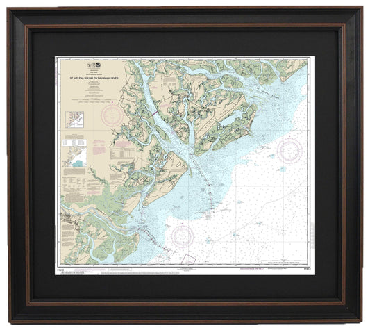 Framed Nautical Chart 11513 - St. Helena Sound to Savannah River. NOAA 11513. Handmade in the USA.