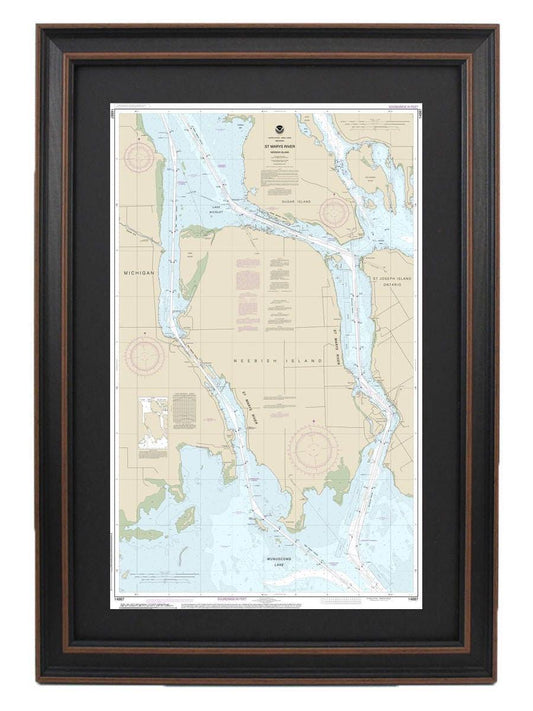 Framed Nautical Chart 14887 - St Marys River - Neebish Island, Michigan. NOAA 14887. Handmade in the USA.