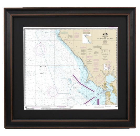 Framed Nautical Chart 18640 - San Francisco to Point Arena. NOAA 18640. Handmade in the USA.