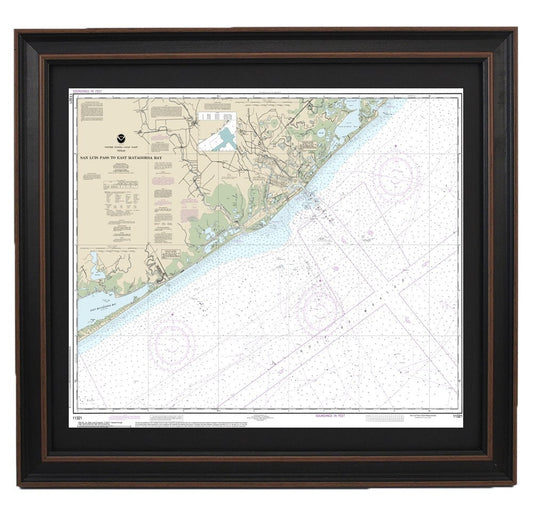 Framed Nautical Chart 11321 - San Luis Pass to East Matagorda Bay. NOAA 11321. Handmade in the USA.