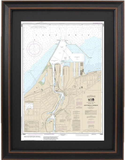 Framed Nautical Chart 14836 - Ashtabula Harbor, Lake Erie. NOAA 14836 Handmade in the USA.