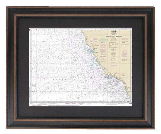 Framed Nautical Chart 18020 - San Diego to Cape Mendocino, NOAA 18020. Handmade in the USA.