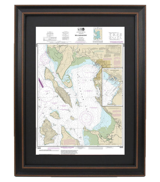 Framed Nautical Chart 18424 - Bellingham Bay. Bellingham Harbor. NOAA 18424. Handmade in the USA.