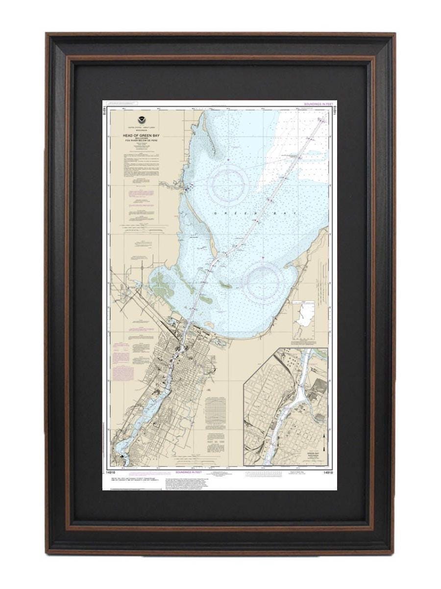 Framed Nautical Chart 14918 - Head of Green Bay, Wisconsin. NOAA 14918. Handmade in the USA.