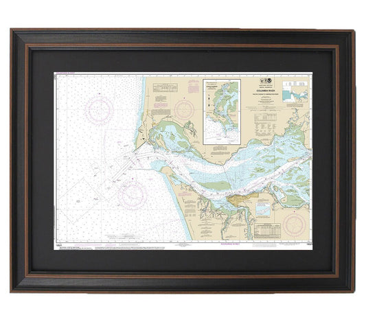 Framed Nautical Chart 18521 - Columbia River. Pacific Ocean to Harrington Point. Ilwaco Harbor. NOAA 18521. Handmade in the USA.