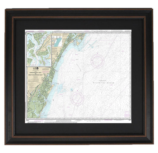 Framed Nautical Chart 12210 - Chincoteague Inlet to Great Machipongo Inlet. NOAA 12210. Handmade in the USA.