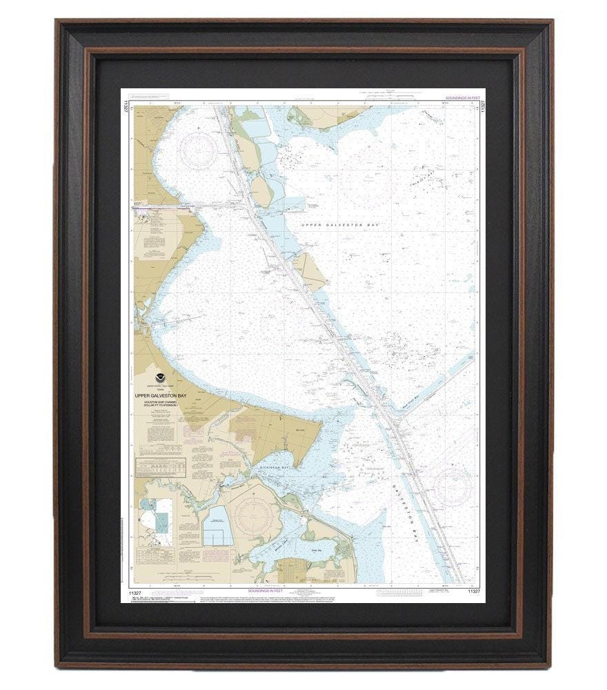 Framed Nautical Chart 11327 - Upper Galveston Bay. NOAA 11327. Handmade in the USA.