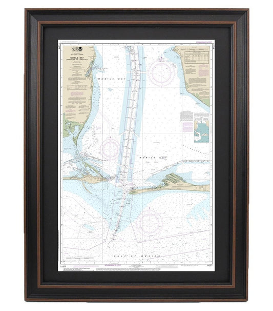 Framed Nautical Chart 11377 - Mobile Bay Approaches and Lower Half. NOAA 11377. Handmade in the USA.