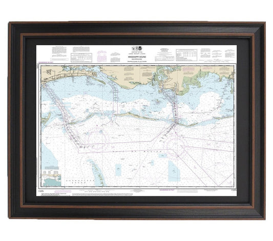 Framed Nautical Chart 11373 - Mississippi Sound and Approaches. Dauphin Island to Cat Island. NOAA 11373. Handmade in the USA.