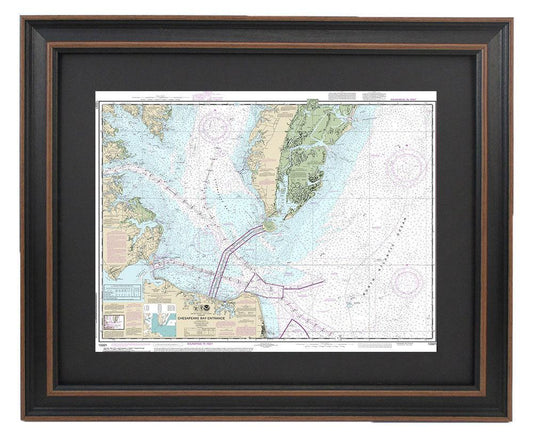 Framed Nautical Chart 12221 - Chesapeake Bay Entrance, NOAA 12221. Handmade in the USA.