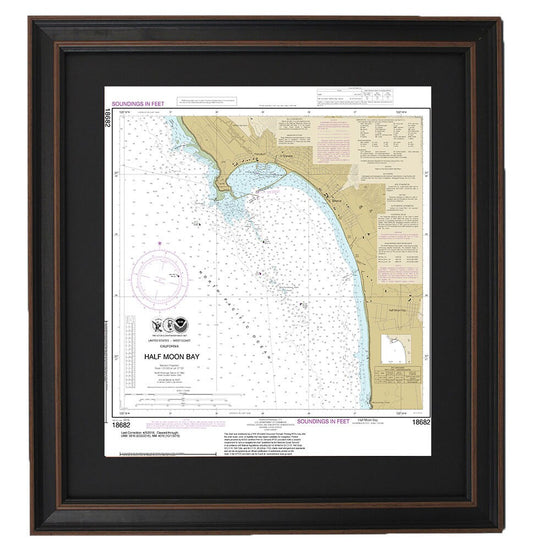 Framed Nautical Chart 18682 - Half Moon Bay. NOAA 18682. Handmade in the USA.