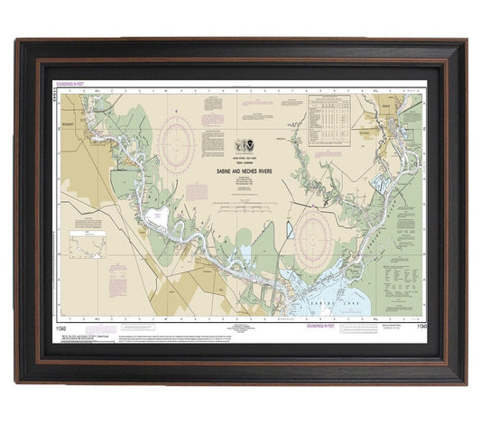 Framed Nautical Chart 11343 - Sabine and Neches Rivers. NOAA 11343. Handmade in the USA.