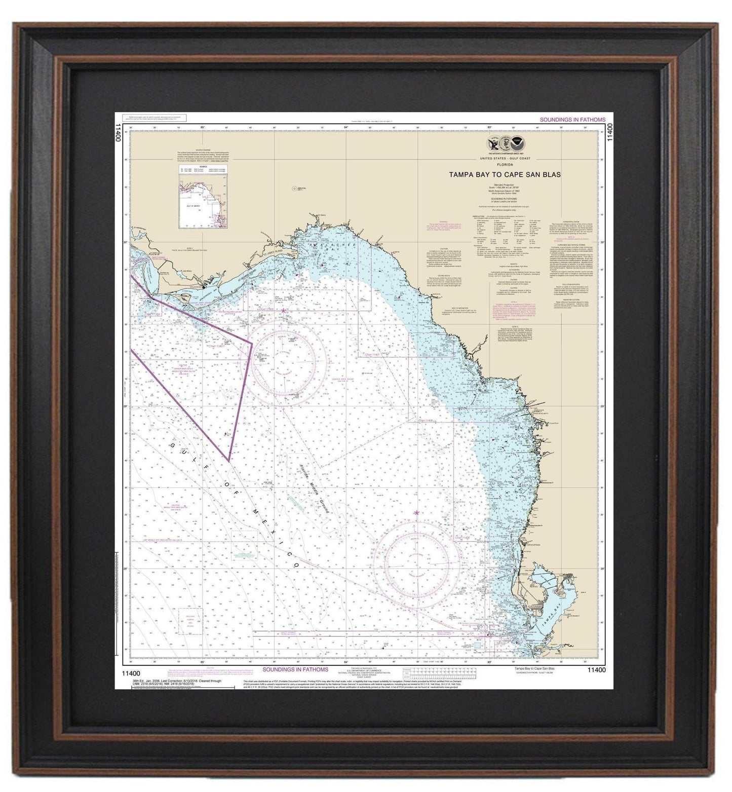 Framed Nautical Chart 11400 - Tampa Bay to Cape San Blas. NOAA  11400. Handmade in the USA.
