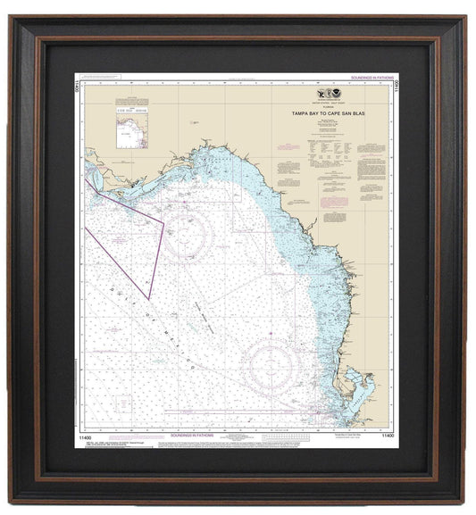 Framed Nautical Chart 11400 - Tampa Bay to Cape San Blas. NOAA  11400. Handmade in the USA.