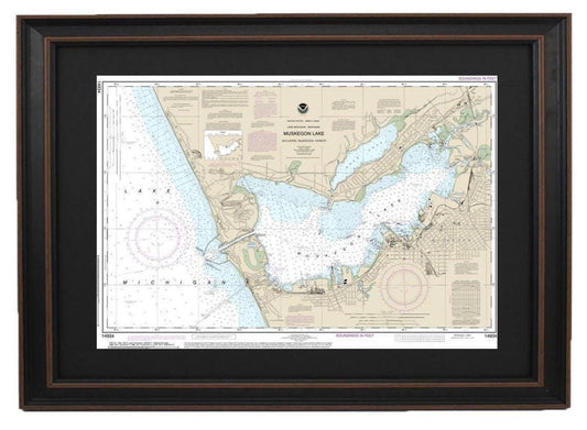 Framed Nautical Chart 14934 - Muskegon Lake and Harbor, Lake Michigan. NOAA 14934. Handmade in the USA.