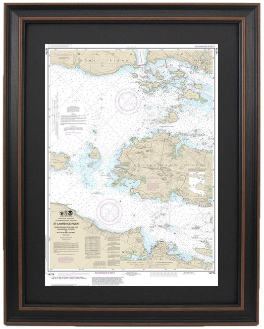 Framed Nautical Chart 14774 - Round Island, NY and Gananoque, Ontario to Wolfe Island, Ontario. NOAA 14774. Handmade in the USA.