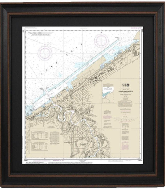 Framed Nautical Chart 14839 - Cleveland Harbor, Lake Erie. NOAA 14839. Handmade in the USA.