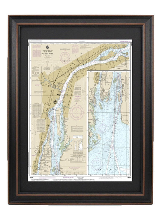 Framed Nautical Chart 14848 - Lake Erie to Detroit River. NOAA 14848. Handmade in the USA.