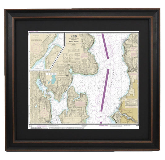 Framed Nautical Chart 18446 - Puget Sound. Apple Cove Point to Keyport. Agate Passage. NOAA 18446. Handmade in the USA.