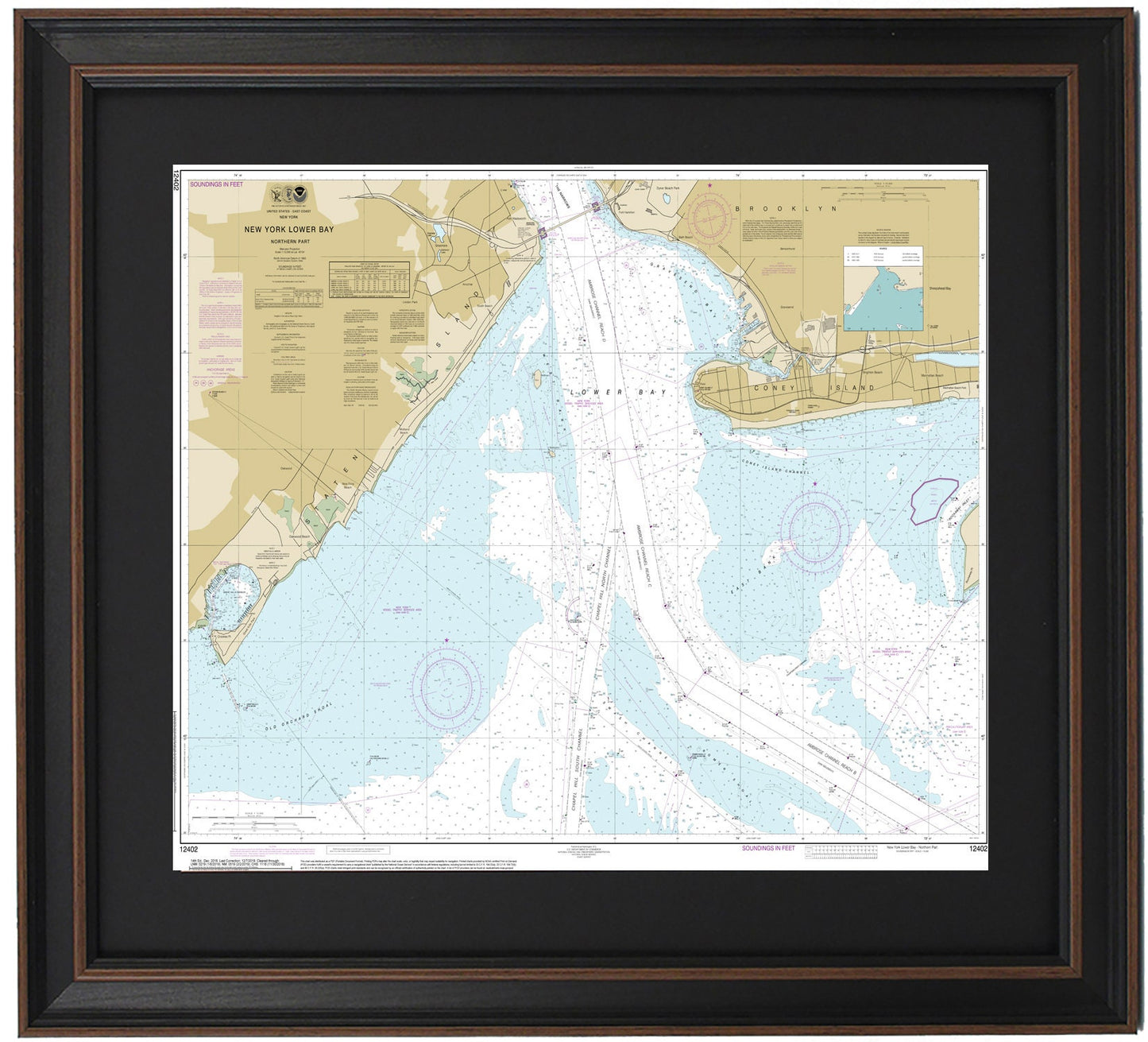 Framed Nautical Chart 12402 - New York Lower Bay (Northern Part). NOAA 12402. Handmade in the USA.