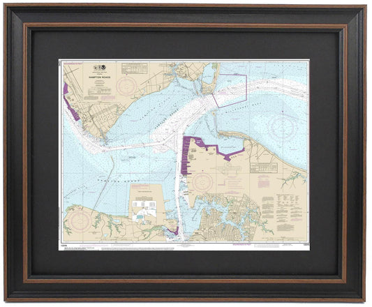 Framed Nautical Chart 12245 - Hampton Roads, NOAA 12245. Handmade in the USA.