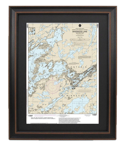 Framed Nautical Chart 14987 - Basswood Lake, Eastern Part, Minnesota NOAA 14987. Handmade in the USA.