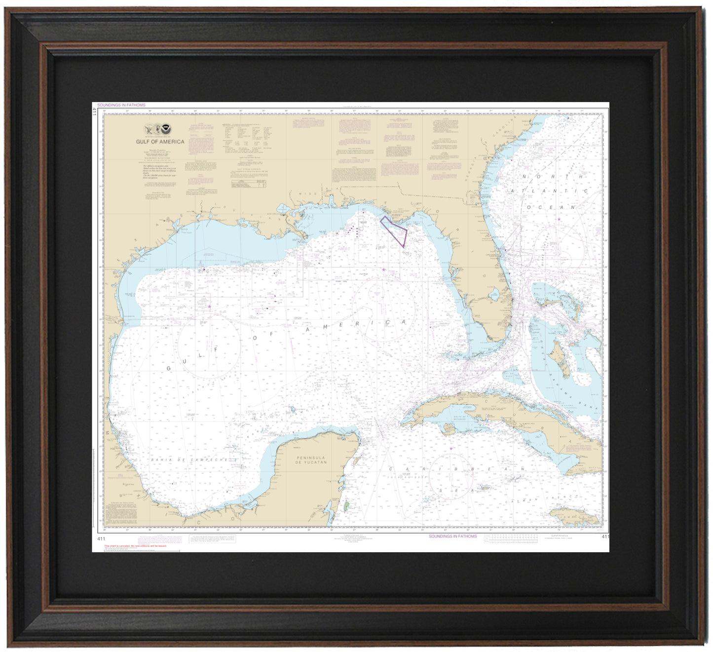 Gulf of America Nautical Chart. NOAA 411. Custom Framed Nautical Chart (aka Gulf of Mexico). Handmade in the USA