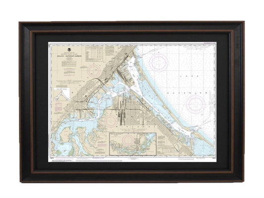 Framed Nautical Chart 14975 - Duluth-Superior Harbor, Lake Superior. NOAA 14975. Handmade in the USA.