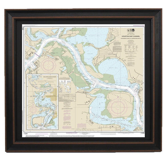 Framed Nautical Chart 11329 - Houston Ship Channel. Alexander Island. NOAA 11329. Handmade in the USA.