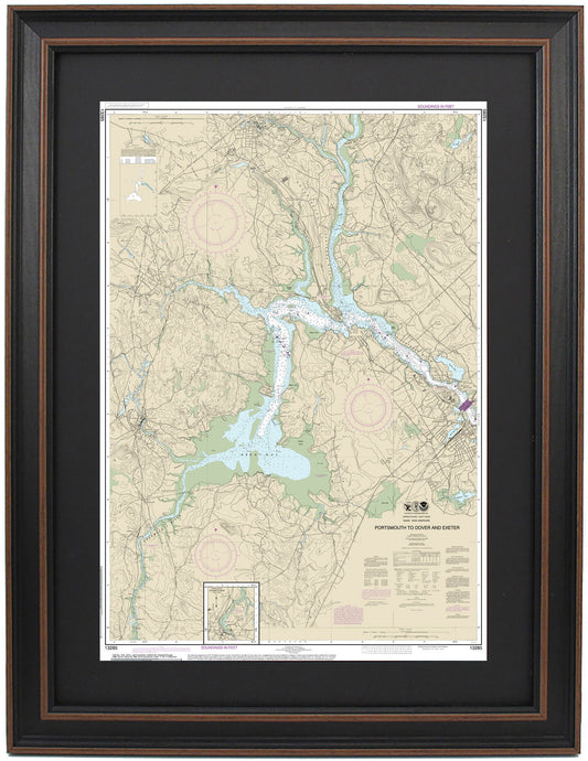 Framed Nautical Chart 13285 - Portsmouth to Dover and Exeter. NOAA 13285. Handmade in the USA.