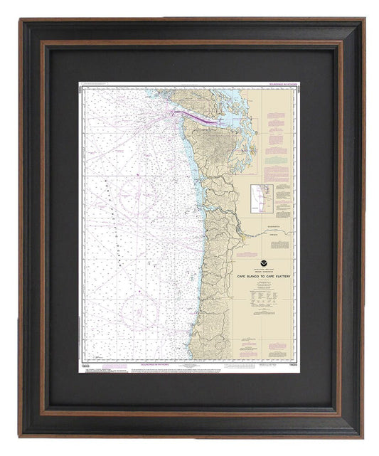 Framed Nautical Chart 18003 - Cape Blanco to Cape Flattery. NOAA 18003. Handmade in the USA.