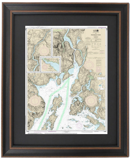 Framed Nautical Chart 13309 - Penobscot River. Islesboro Island, Belfast Harbor, and Bangor, Maine. NOAA 13309. Handmade in the USA.