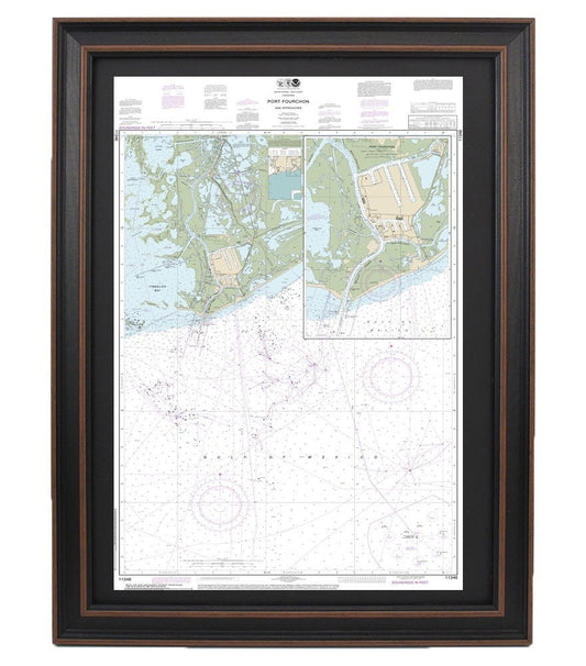 Framed Nautical Chart 11346 - Fort Fourchon and Approaches. NOAA 11346. Handmade in the USA.