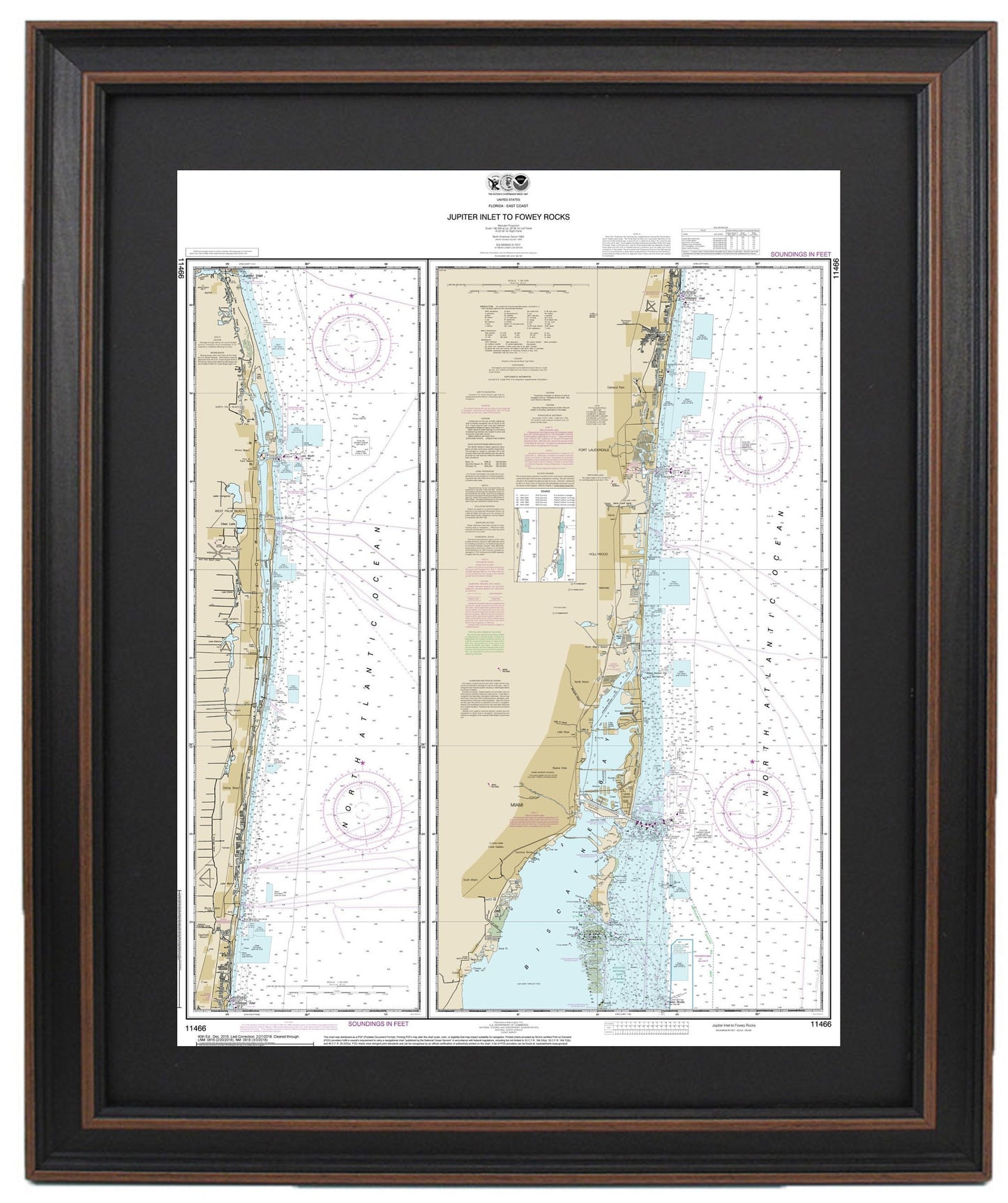 Framed Nautical Chart 11466 - Jupiter Inlet to Fowey Rocks. NOAA 11466. Handmade in the USA.