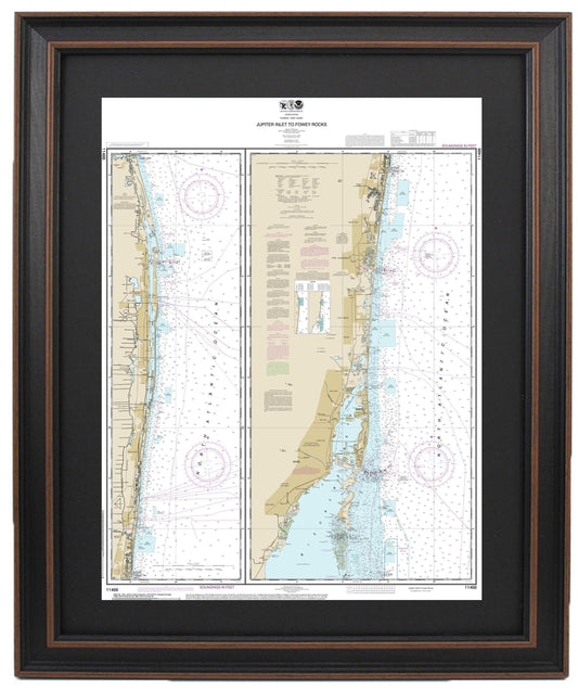 Framed Nautical Chart 11466 - Jupiter Inlet to Fowey Rocks. NOAA 11466. Handmade in the USA.