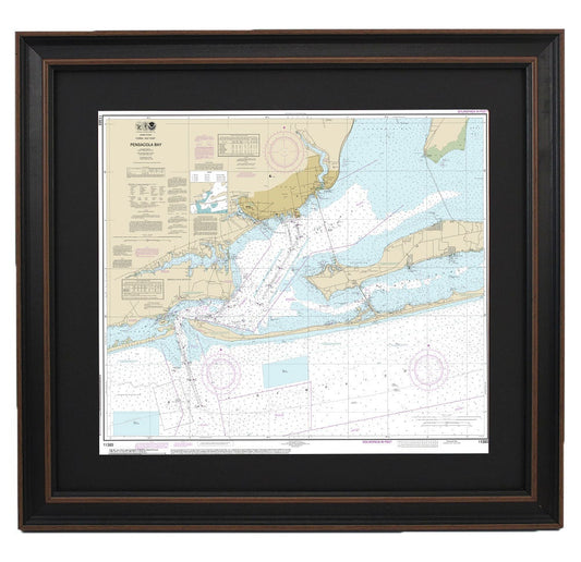 Framed Nautical Chart 11383 - Pensacola Bay. NOAA 11383. Handmade in the USA.